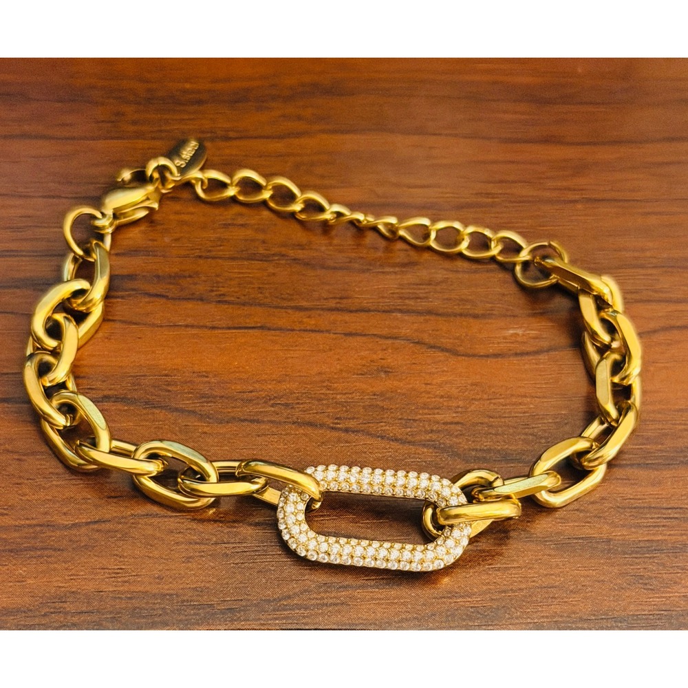 Gold Stainless Steel Pave Zircon Chain Link Bracelet Adjustable Lobster Clasp - Picture 5 of 6